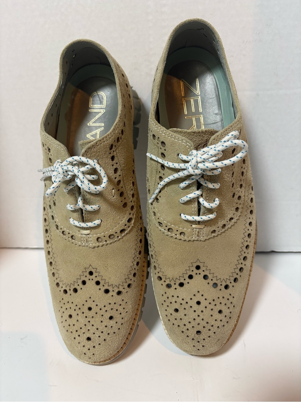 Cole Haan Zerogrand Wingtip Oxford Shoes Men’s 8M Beige Taupe Suede Lace Up